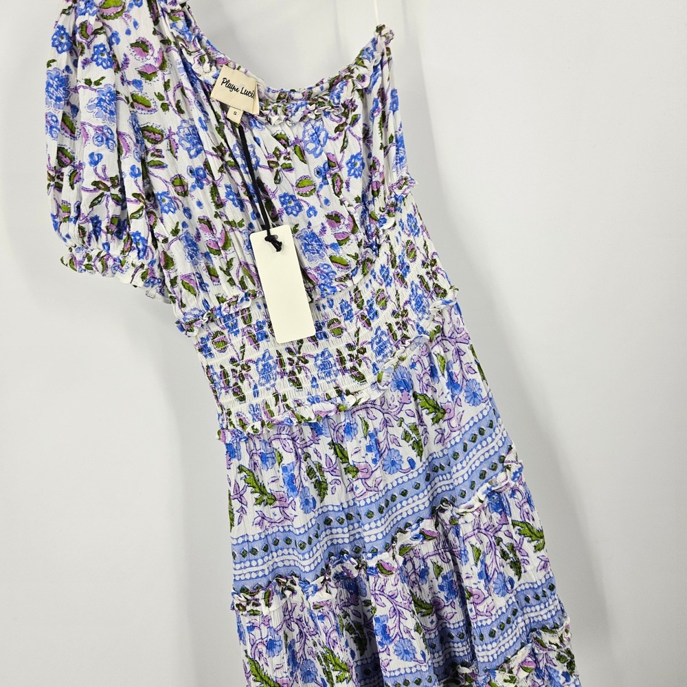 Playa Lucila One Shoulder Dress White Blue Smocked Mini Cottage Ruffles NWT Sz S - Picture 3 of 7